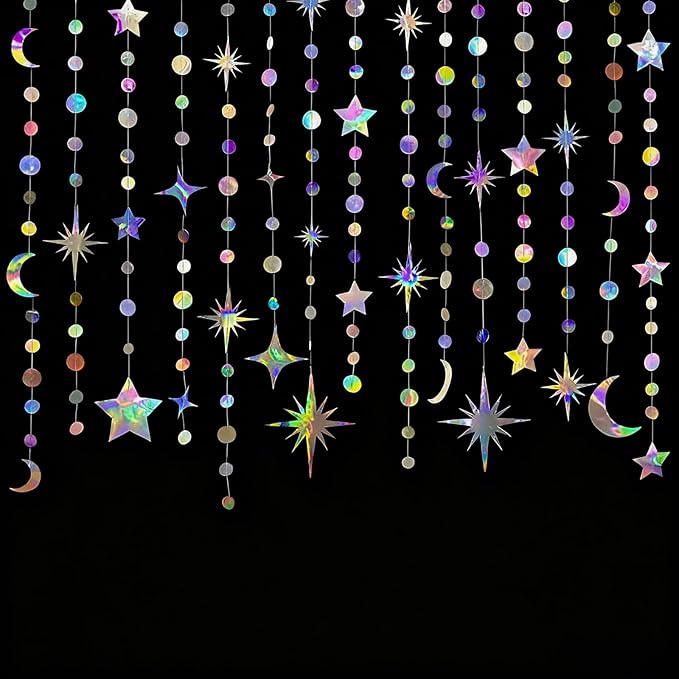 52 Feet Star Garland Banner Decorations for Party,Gold Star Hanging Bunting Banner Hanging Glitter Stars Garland Christmas Birthday Decorations (4 Pack Star and Moon Set)