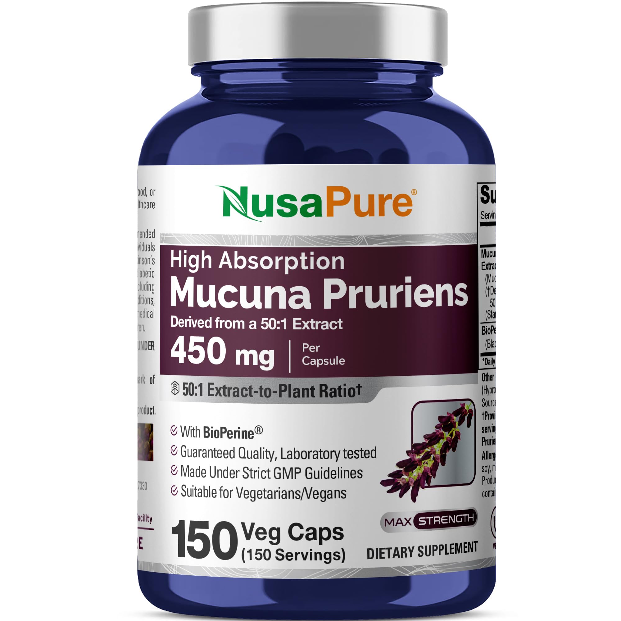 NusaPure Mucuna Pruriens Capsules, 450 mg, 150 Veggie Capsules (Gluten Free, Non-GMO)