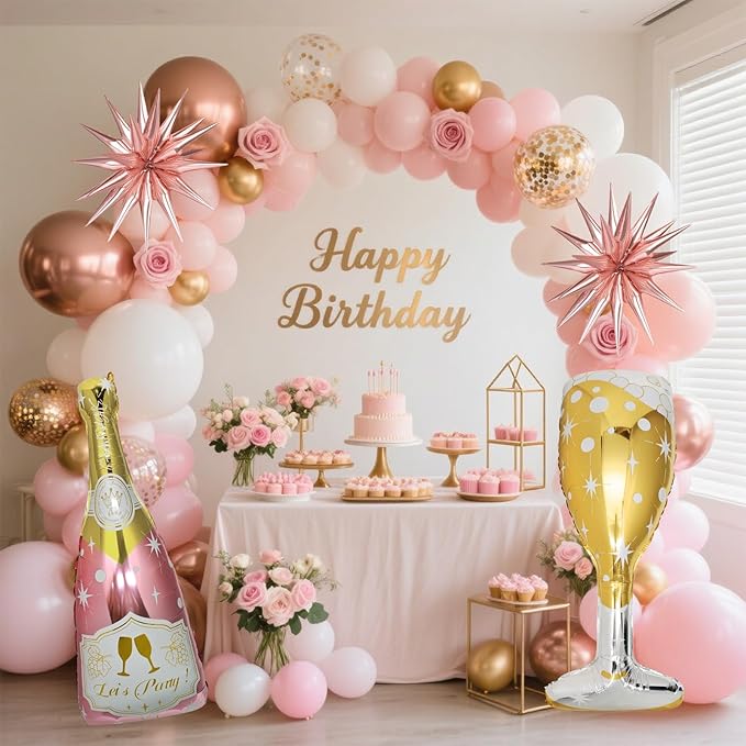 91 Pcs Rose Gold Balloons, Huge Explosion Star Balloons Champagne Bottle Goblet Aluminum Foil Balloon for Birthday, Bachelorette, Bridal Shower, Wedding, Engagement Party Decorations Supplies
