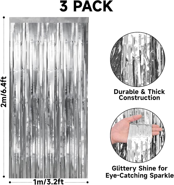 jijAcraft 3 Pack Metallic Silver Tinsel Foil Fringe Curtain, Party Photo Backdrop for New Year’s Eve Weddings Disco Theme Graduation Bachelorette Birthday Baby Shower Party Gender Reveal Decorations