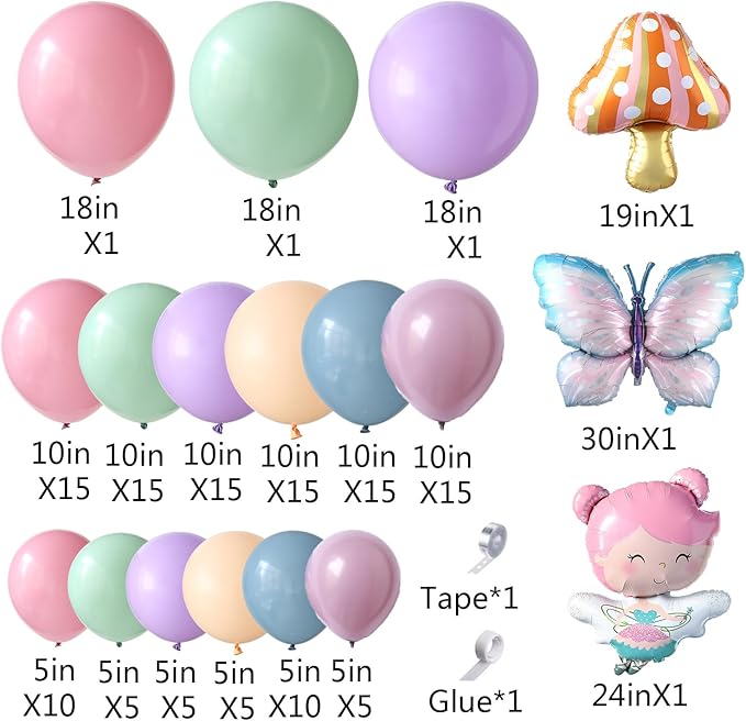 Fairy Wonderland Birthday Party Decorations,138Pcs Fairy Butterfly Mushroom Balloon Arch Garland Kit Dusty Pink Purple Blue Green Balloons for Girls Fairytale Spring Garden Tea Party Bride Baby Shower