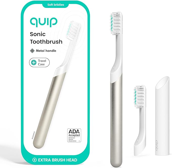 Quip Metal Sonic Electric Toothbrush for Adults - Time Travel & Soft Bristles with Travel Case & Replacement Brush Head - 3 Month Battery Life - Moonrise Champagne