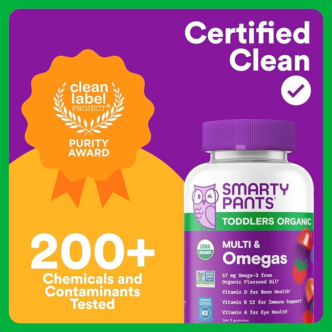 SmartyPants Organic Toddler Multivitamin Gummies: Omega 3 (ALA), Vitamin D3, C, Vitamin B12, B6, A, K & Zinc for Immune Support, Biotin, Vegetarian, Two Fruit Flavors, 60 Count (30 Day Supply)