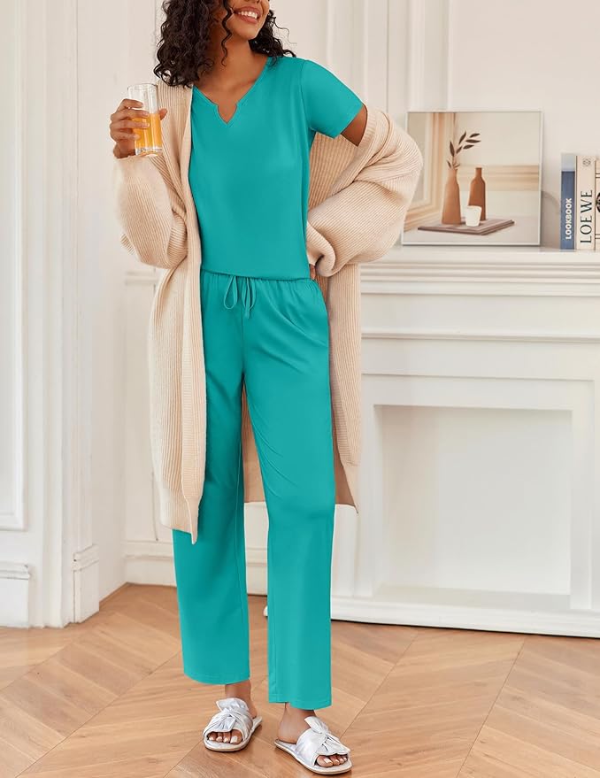 Ekouaer 2 Piece Womens Pajamas V Neck Short Sleeve Top and Long Pants Pjs Print Lounge Set Sleepwear