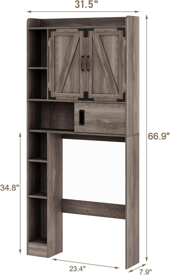 ChooChoo Over The Toilet Storage Cabinet, Farmhouse Bathroom Storage Cabinet with Sliding Door, Over Toilet Storage with Adjustable Shelves, Space-Saving, Grey