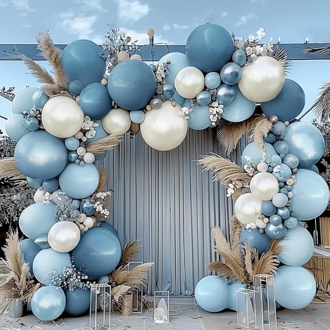 Dusty Blue Balloon Garland Double Stuffed Slate Pastel Blue White Sand Pearl Balloon Arch Kit for Baby Shower Birthday Bridal Wedding Graduation Easter Party Decorations