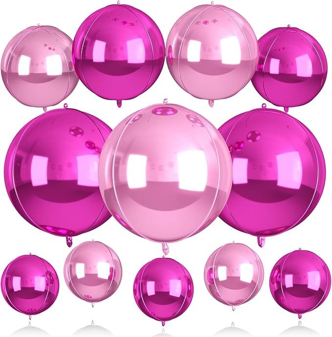 12Pcs Hot Pink and Pink Round Balloons Foil, 22" 18" 15" 10" 4D Round Ball Balloon, Big Hot Pink Metallic Balloons for Valentines Wedding Anniversary Bridal Shower Prom Birthday Decorations Supplies