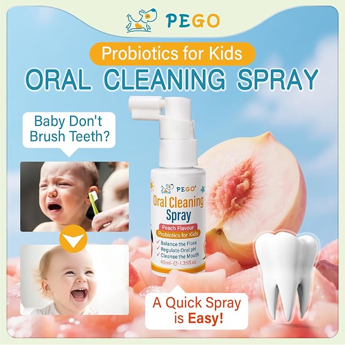 PEGO Kids Oral Spray, Toddler Toothpaste Helper for Cavity Prevention and Fresh Breath, Children Anticavity with Fluoride Free for Newborn to Preschoolers, Kid's Mouth Spray (40ml*2, Peach)