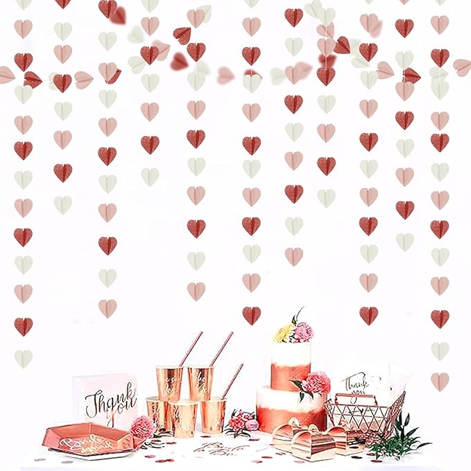 Rose-Gold Pink White Galentines-Decorations Heart Garland - 39Ft 3D Valentines Day Party Hanging Paper Streamers Banner,Engagement Wedding Bachelorette Baby Bridal Shower Mothers Decor Ouruola