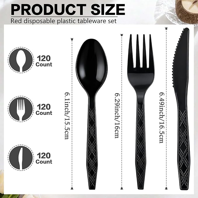 Dualshine 360-Pack Black Plastic Silverware, Disposable Cutlery Set, Plastic Forks and Spoons Knives Utensils Set (120 Each) for Restaurants, Picnics, Catering, Parties, Weddings