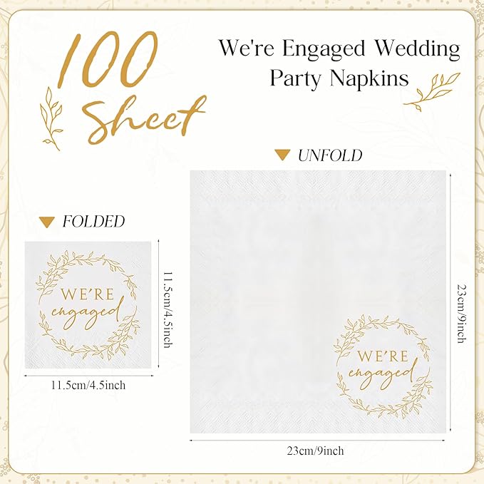 Kosiz 200 Pack We're Engaged Napkins Gift 3 Ply Disposable Paper Engagement Cocktail Napkins for Wedding Party Beverage Dinners Cake Tableware Decorations, 4.5 x 4.5 Inch