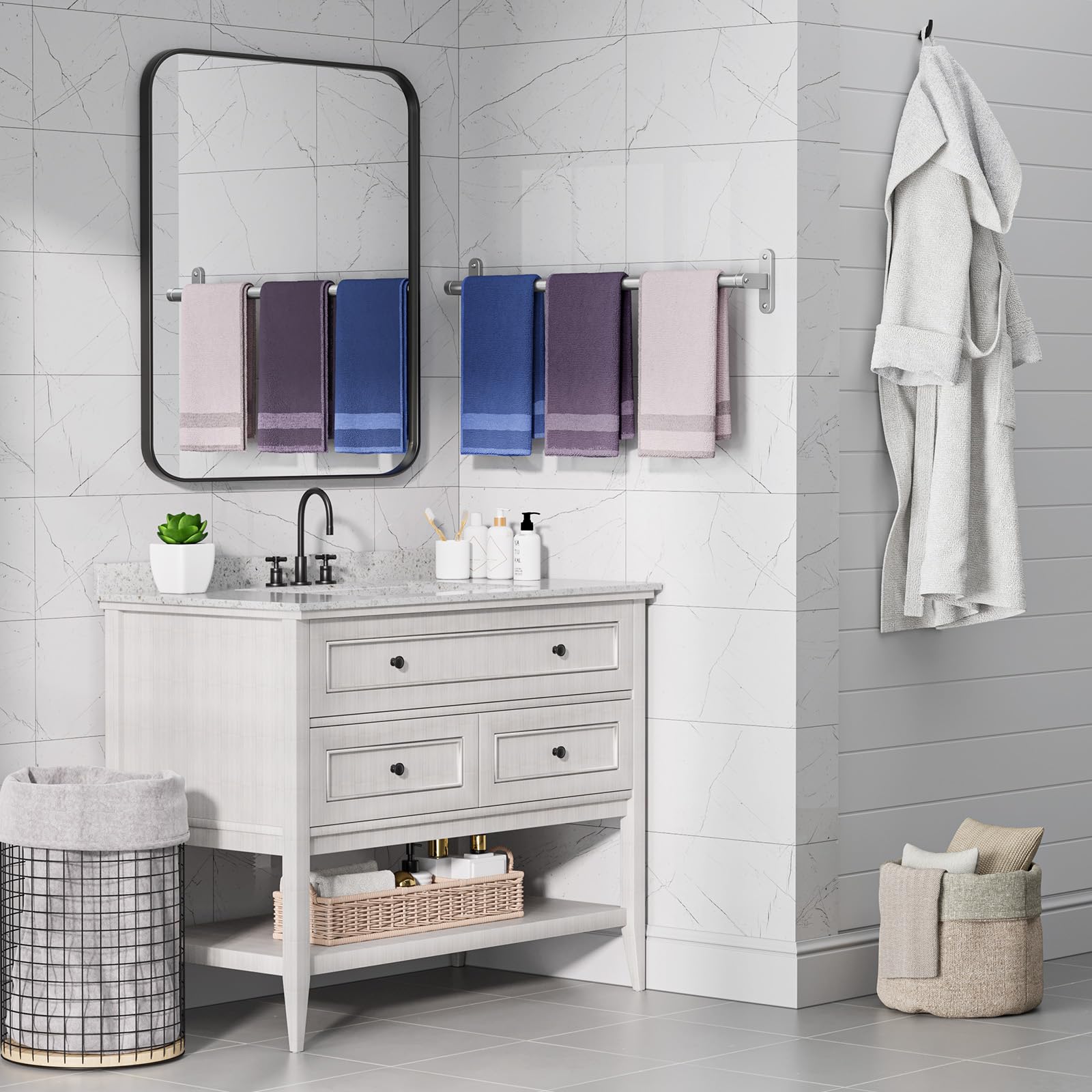 Powools Brushed Nickel Towel Rack for Bathroom - 24" Rustproof Towel Holder, Sturdy Towel Bar Wall Mounted, Space-Saving Towel Hanger, Bathroom Accessories, Home Decor, Apparment Essentials