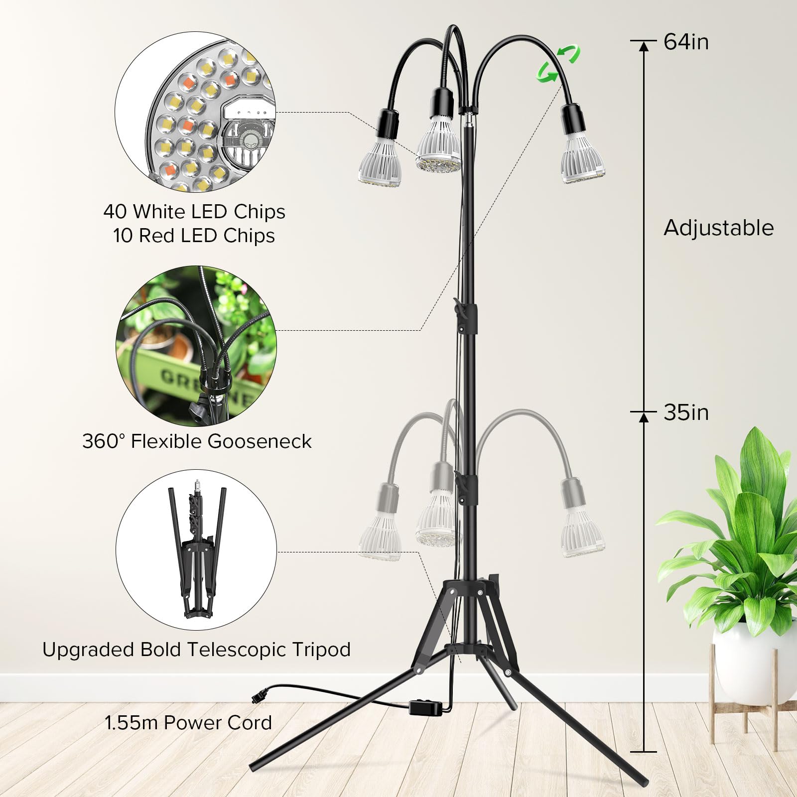 SANSI 90W Full Spectrum LED Grow Light Tripod 5000K 660nm Replaceable Bulbs