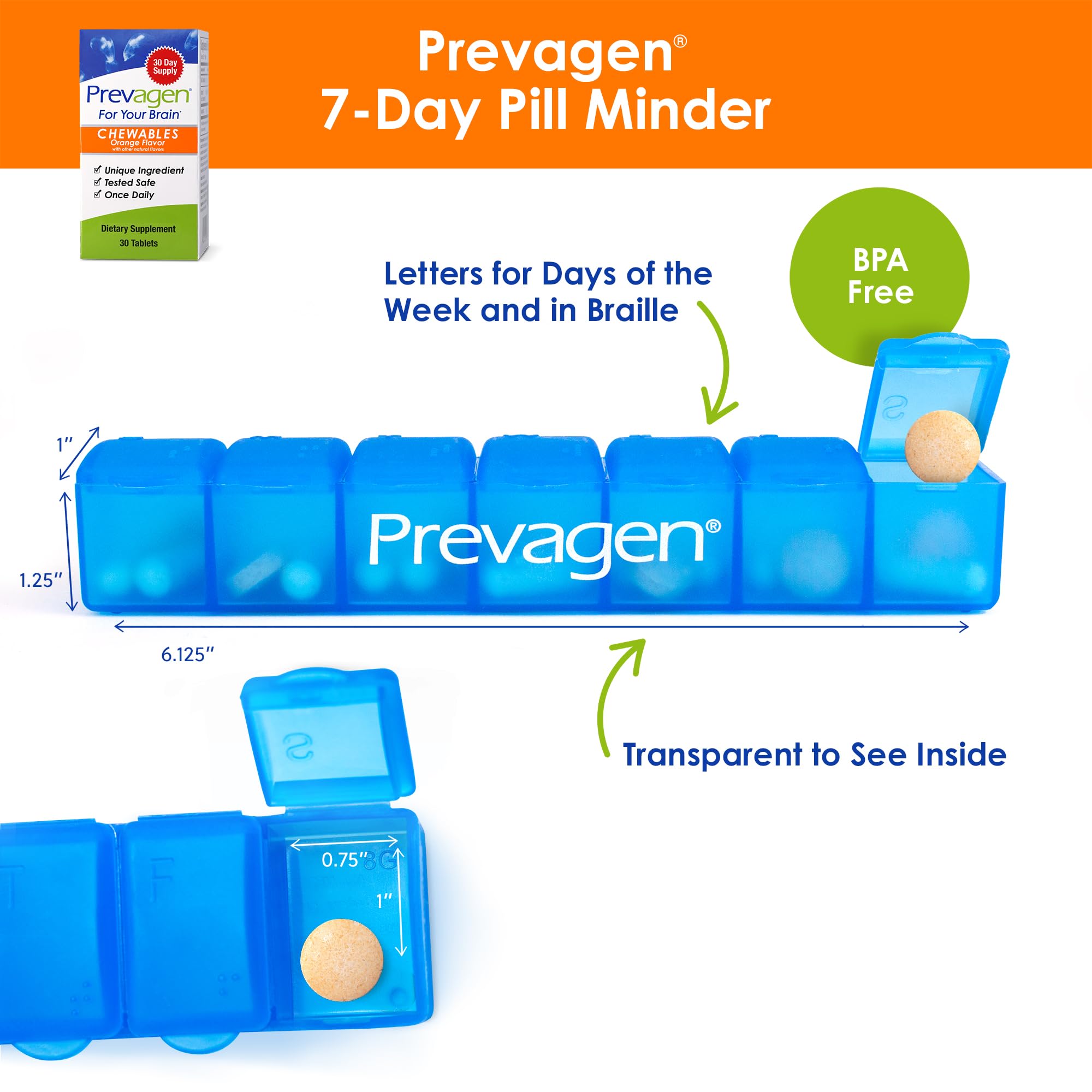 Prevagen Regular Strength Orange Chewables - 30 Tablets (1 Month Supply) | Formulated for Your Brain | 10mg of Apoaequorin Plus Vitamin D3 with 7-Day Pill Minder