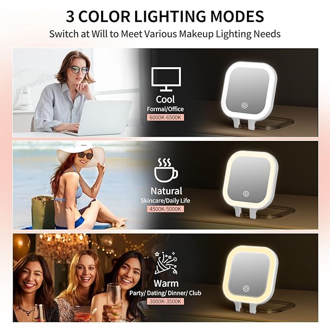 FUNTOUCH Travel Makeup Mirror with Light, 1X/30X Magnifying Mirror with 3 Light Settings & Adjustable Brightness,Rechargeable Folding Compact Double Sides Mirrorwith PU Bag, White