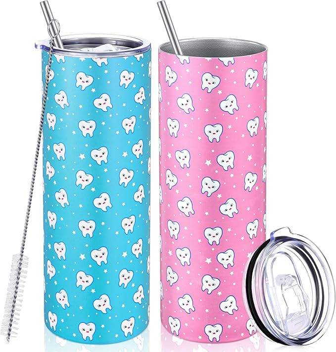 Umigy 2 Pcs Dental Assistant Gifts Teeth Dentist 20 oz Stainless Steel Tumblers Hygiene Student Coffee Mugs with Straws and Lids for Hygienist Dental Students Graduation Birthday Gift