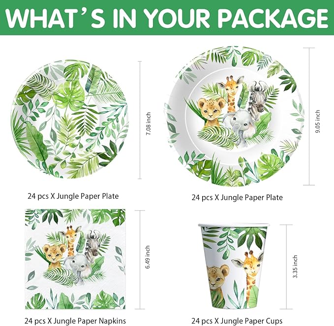 Safari Birthday Decorations Tableware - Jungle Theme Party Supplies Include Plates, Cups, Napkin, Cutlery, Tablecloth, Straws, Animal Safari Jungle Birthday Baby Shower Decorations | Serve 24