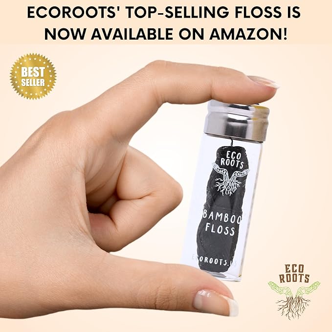 Natural Bamboo Dental Floss: 1 Refillable Glass Container + 3 Biodegradable Bamboo Floss Refill (33 Yards Each), Eco-Friendly, Vegan, Non-Toxic Natural Floss - Refillable Zero Waste Black Thick Floss
