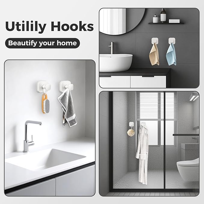 Shower Hooks for Inside Shower,Reusable Suction Cup Hooks for Glass Window,Mirror,Removable Towel Hooks for Bathroom,4 Pack(White)