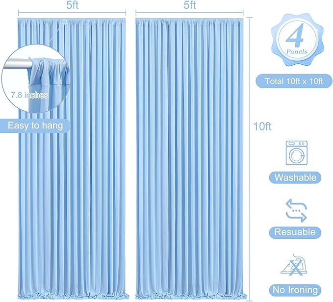 20 x 10ft Baby Blue Backdrop Curtains with Lights String for Baby Shower Photo Backdrop Drapes Wrinkle Free Polyester Long Curtains for Parties Wedding Reception Bridal Shower Ceremony-5 x 10ft 4Panel