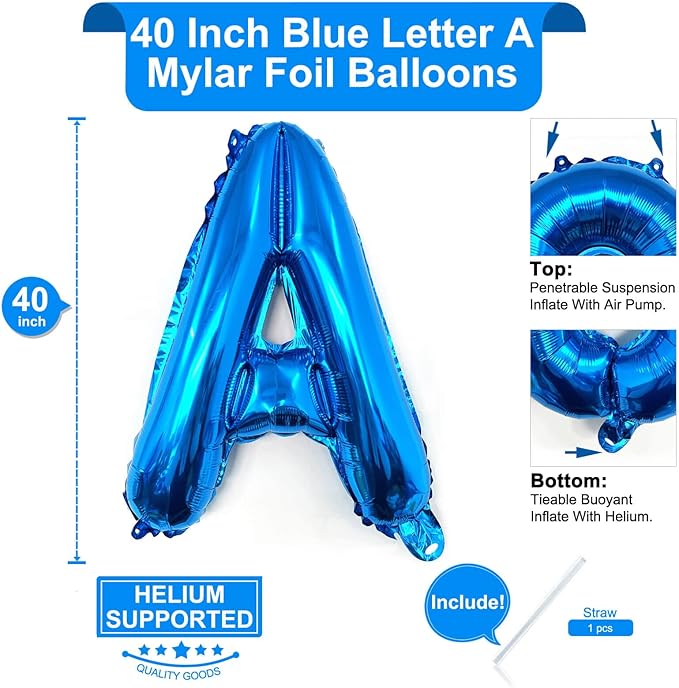 Lovoir 40 Inch Large Blue Letter A Balloons Big Size Jumbo Mylar Foil Helium Balloon for Birthday Party Celebration Decorations Alphabet Blue A