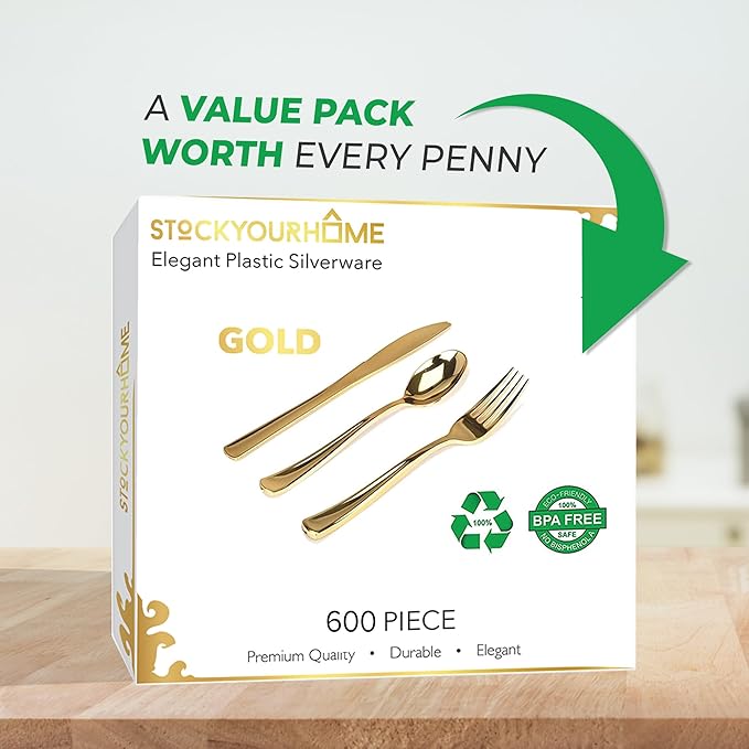 Gold Plastic Silverware Set (600-Pack) – Disposable Heavy Duty Cutlery, 200 Forks, 200 Knives, 200 Spoons for Parties, Weddings, Dinners & Holidays