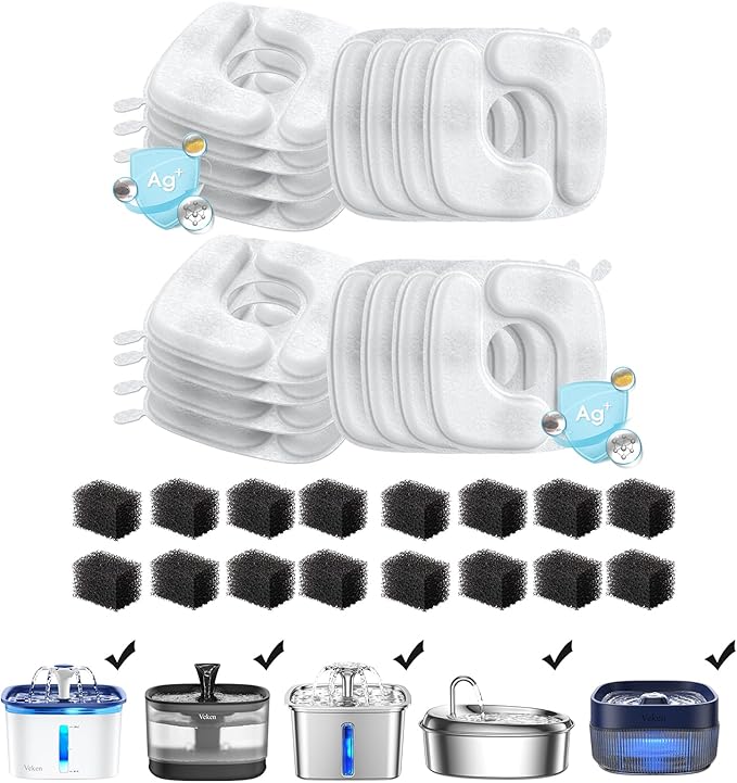 Veken Cat Water Fountain Filters, 16 Pack Replacement Filters & 16 Pack Replacement Pre-Filter Sponges Set for 50oz, 84oz, 95oz Automatic Pet Fountain Dog Water Dispenser
