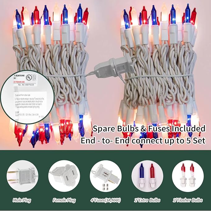LAMPHOME Patriotic String Lights - Red White Blue Mini Lights with White Wire - 19.6Ft 100 Count UL Certified String Lights for Independence Day Patriotic Holidays Decoration (Red White & Blue)