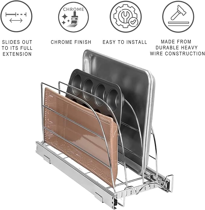HOLDN’ STORAGE Pull Out Organizer for Bakeware, Cutting Board and Trays, Adjustable Dividers - Heavy Duty, Lifetime Limited Warranty - For Narrow Cabinet Spaces, 10.5”W x 21”D x 11”H, Chrome