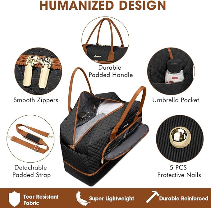 Travel Duffle Bag Weekender for Women - 38L Carry-On Overnight Personal Item Bag with Shoe Compartment & Wet Pocket Weekend Tote Bags with Toiletry Hospital Bags for Labor and Delivery