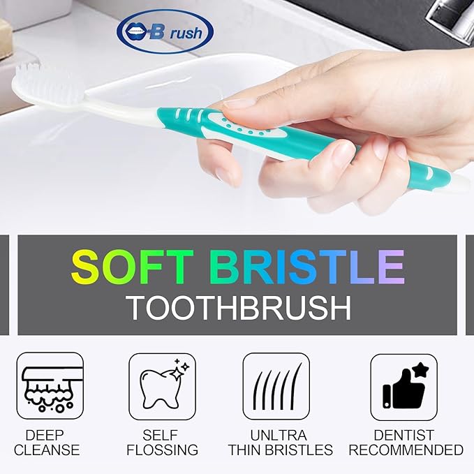 B Rush B Extra Soft Toothbrushes for Adults - Flossing Toothbrush for Sensitive Teeth and Receding Gums, Tapered Bristles Ultra Clean Plaque Remover Travel Toothbrush Individually Wrapped Pack of 4