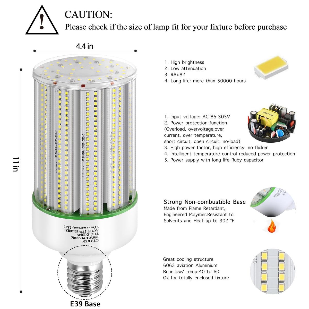 GTAREN 150W LED Corn Cob Light Bulb 2Pack,Equivalent 600W Metal Halide HPS HID CFL,5000K Daylight,E39 Mogul Base LED Retrofit Bulb,for Commercial Industrial Lighting Gyms Workshop Bay Light Fixture