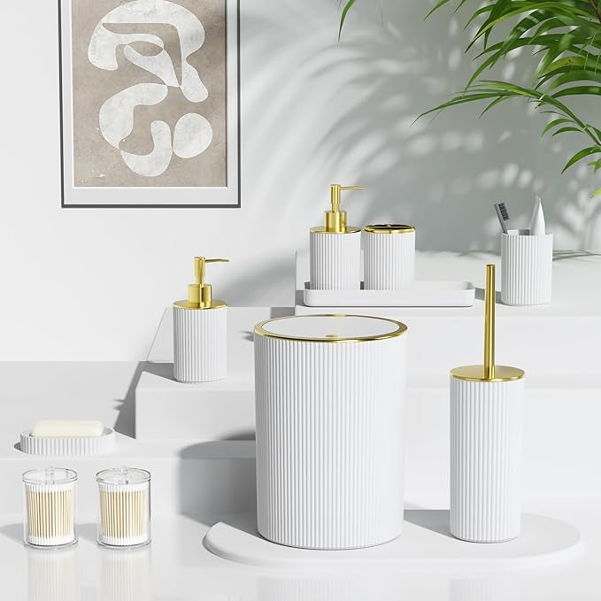 White and Gold Bathroom Accessories Set, 10PC Bathroom Set, Bath Accessory with Pop Up Trash Can, Soap Dispenser, Toilet Brush, Toothbrush Set Qtip Holders & Tray