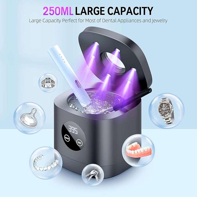 TEBAL Ultrasonic Retainer Cleaner Machine, 52kHz Ultrasonic Denture Cleaner for Night Guards, Braces, Toothbrush Heads, Jewelry and More, Ultrasonic Cleaner for Retainers with 250ML Capacity, Black