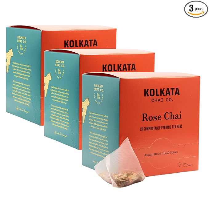 Kolkata Chai - Rose Chai Tea Bag, 45 Count, Premium Assam Black Tea and Spices, Compostable Tea Bags, Vegan, All Natural