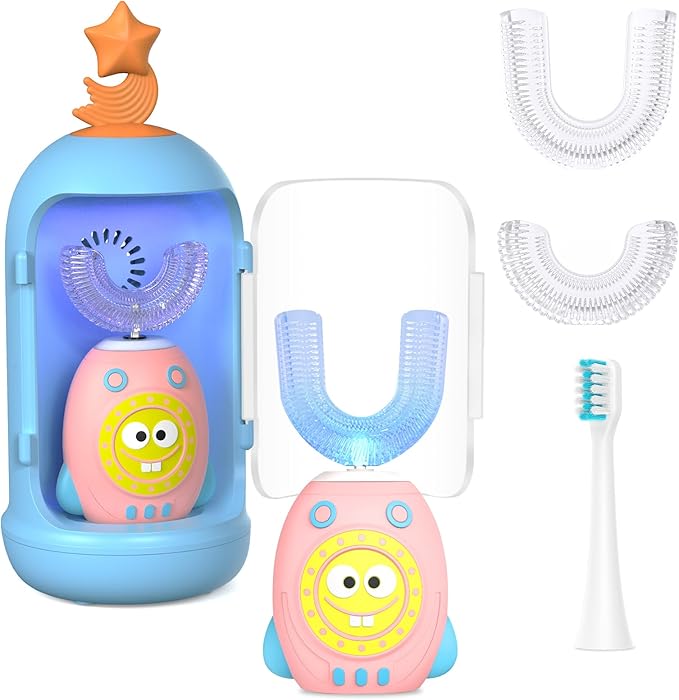 FTOYIN Kids Electric Toothbrush with 3 Brush Heads, U Shaped Ultrasonic Toothbrush Kids with 5 Modes, 45s Smart Reminder, 360-Degree Automatic Cleaning, IPX7 Waterproof Design