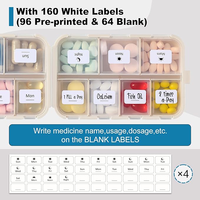 4 Pack, 14 GRIDS Travel Pill Organizer Box with Labels - Travel Medicine Case Kit - Pocket Daily Pharmacy Container - Travel Medication Holder Dispenser for Fish Oil Vitamin Supplement Storage