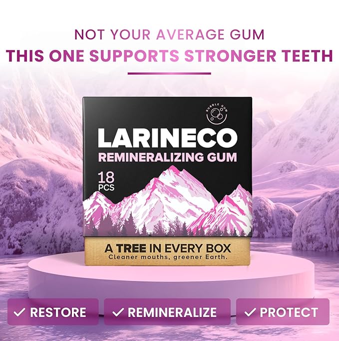 Larineco Remineralizing Gum with Nano Hydroxyapatite & Xylitol – Sugar-Free Cinnamon Xylitol Gum – Plastic-Free, Dye-Free, Aspartame-Free – Natural Base – 18 Pieces (18 Count (Pack of 2), Bubble Gum)