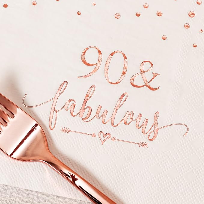 Crisky Rose Gold Foil 90 Fabulous Napkins, Cups Set for Women's 90th Birthday Party Decorations, Disposable Tableware Set of 24 (9" Plates, 7" Plates, Luncheon Napkins, 9oz Cups)