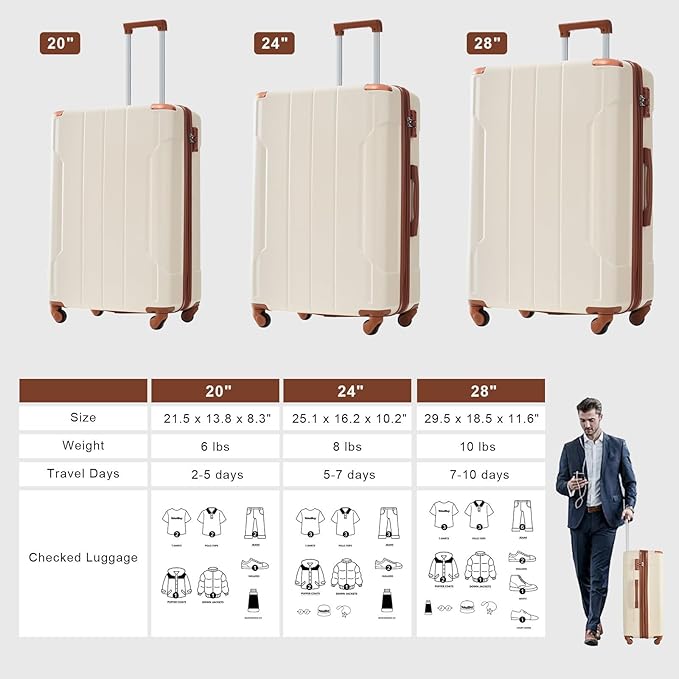 Merax Carry-On Luggage 22x14x9 airline approved, Hardshell ABS Suitcase with Spinner Wheels, TSA Lock, Lightweight Durable 20 Inch Travel Luggage for Men Women(White Brown)