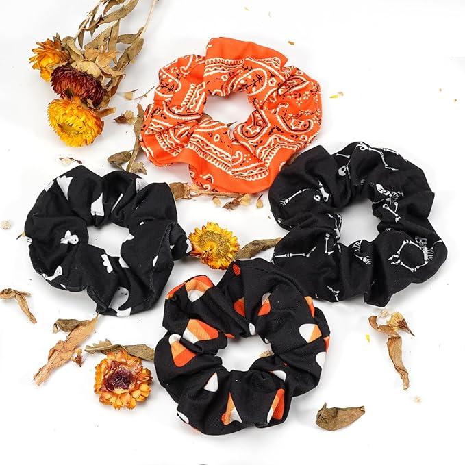 Halloween Hair Scrunchies for Women Girls Ghost Skeleton Candy Skull Hair Ties Fall Orange Bandana Hair Tie Halloween Party Gifts Elastics Scrunchy Hair Accessories