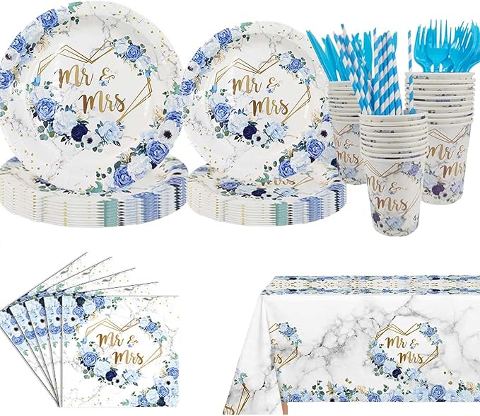 MEHOFOND 169 pcs Blue Wedding Decorations, Mr and Mrs Wedding Disposable Dinnerware, Floral Printed Bridal Shower Plates and Napkins Sets, Paper Plates Cups Party Supplies, Serve 24 Guests