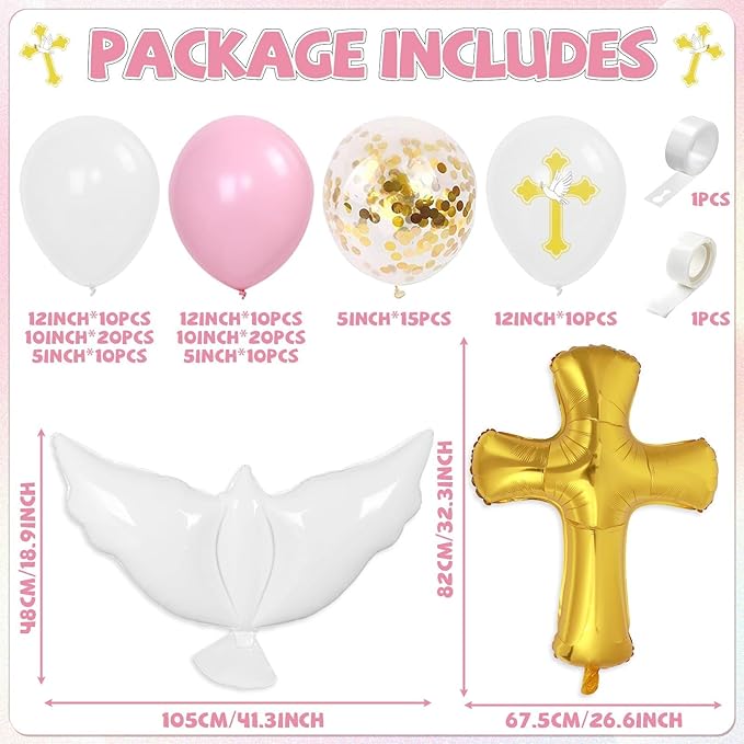 132Pcs First Holy Communion Pink Balloon Garland Arch Kit God Bless Baptism Party Decoration Christian Religious Decor Cross Dove Balloon Girl Mi Bautizo Christening Birthday Baby Shower Party Supplie