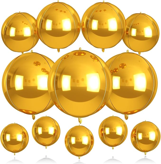 12Pcs Gold Round Balloons Foil, 22" 18" 15" 10" 4D Round Ball Balloon, Giant Metallic Gold Foil Balloons for Graduation Prom Disco Wedding New Year Birthday Party Decorations Backdrop