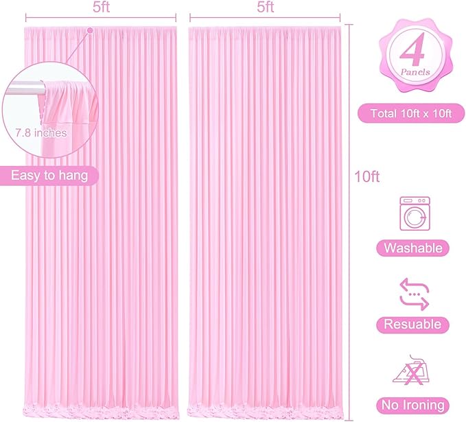 20 x 10ft Pink Backdrop Curtains with Lights String for Valentine’s Day Photo Backdrop Drapes Wrinkle Free Polyester Curtain Backdrop for Girls Birthday Party Wedding Reception Baby Shower-5 x 10ft 4P