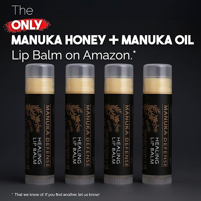 BALM OF GILEAD Manuka Defense Healing Lip Balm - Intensive Moisture Therapy in Tube w/Manuka, Tea Tree & Cooling Peppermint - Ideal for Chapped & Cracked Lips - Beauty Pack Of 4-0.15 oz