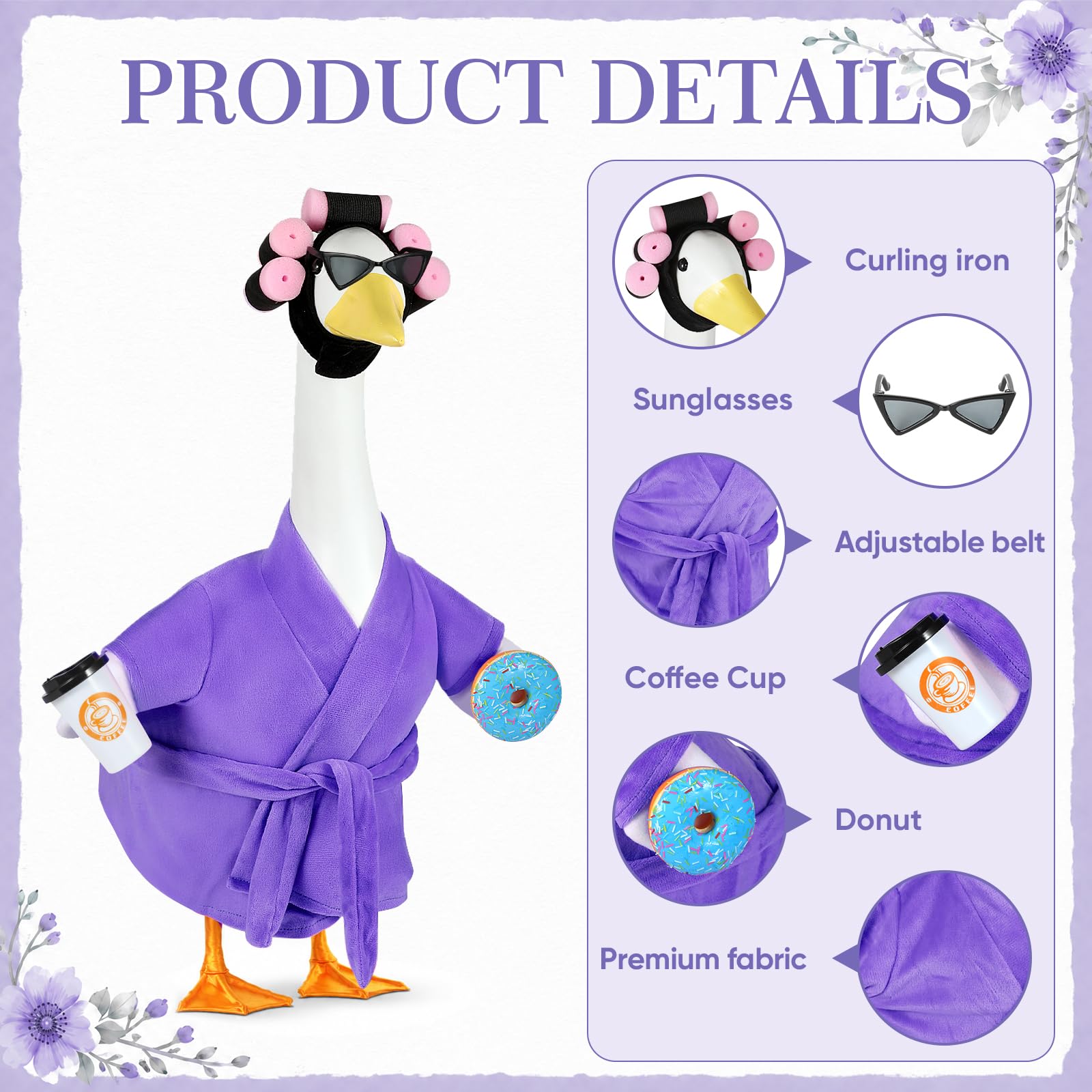 Porch Goose Outfits, Bathrobe Goose Outfit with Curlers Sunglasses Coffee Cup Donut, Hawaiian Beach Vacation Style Goose Clothes for 23'' Goose Statue, Lawn Yard Garden Patio Pool Party Decor (Purple)