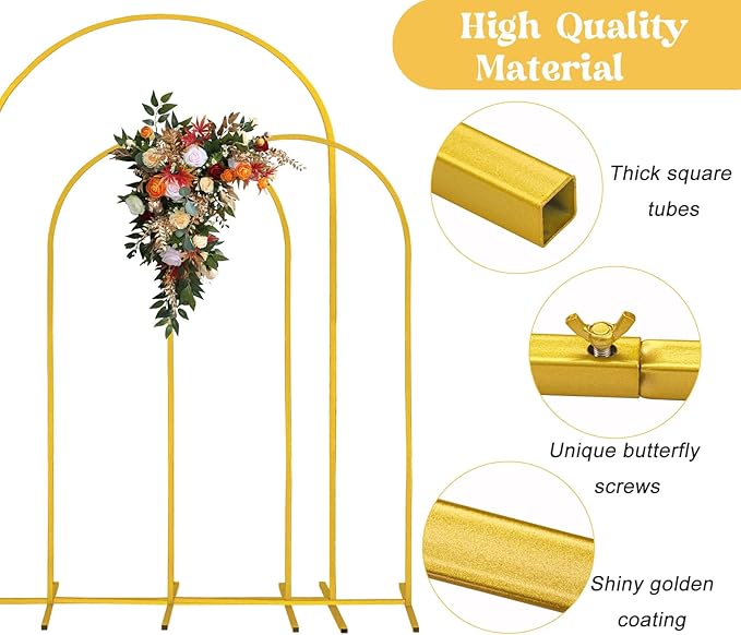 Arch Backdrop Stand 7.2FT, 6FT, 6FT Set of 3 Gold Wedding Arch Stand Balloon Arch Stand Stable Metal Arch Backdrop Frame for Wedding Ceremony Birthday Party Bridal Baby Shower Banquet Decoration