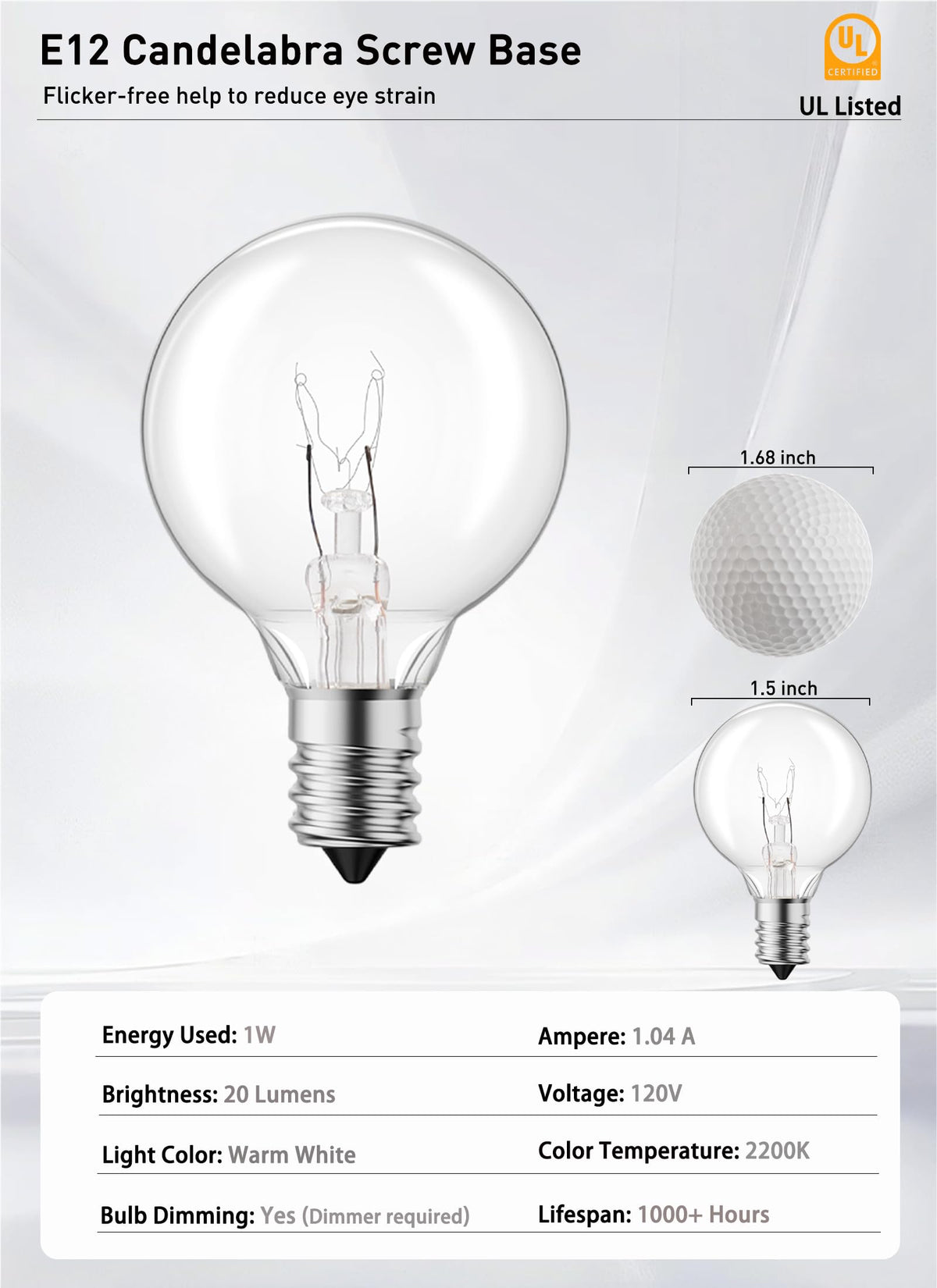 Brightown G40 Replacement Light Bulbs, 25 Pack 5W Clear Globe Bulb fits E12 C7 Candelabra Screw Base Sockets, 1.5 Inch Dimmable Light Bulbs for Indoor Outdoor Patio Decor, Warm White