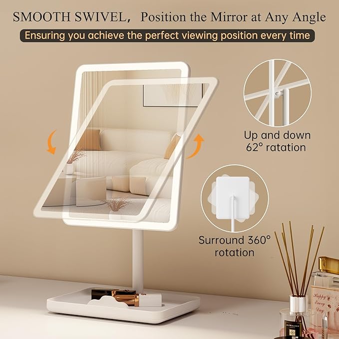 FUNTOUCH Vanity Mirror with Lights, Rechargeable Makeup Mirror with Lights,Smart Touch with 3-Color Lighting, Dimmable, Detachable 40X Magnification for Vanity Desk Tabletop,White